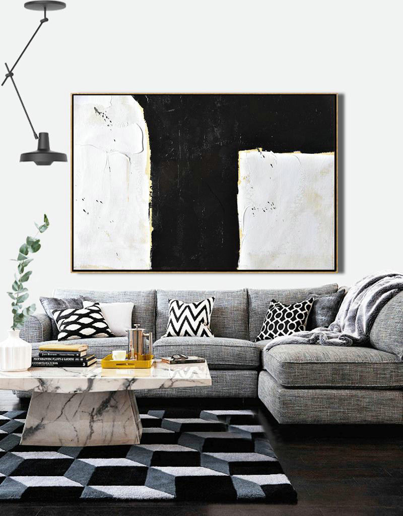 Big Art Canvas,Horizontal Palette Knife Minimal Canvas Art Painting Black White Beige - Hand Painted Aclylic Painting On Canvas